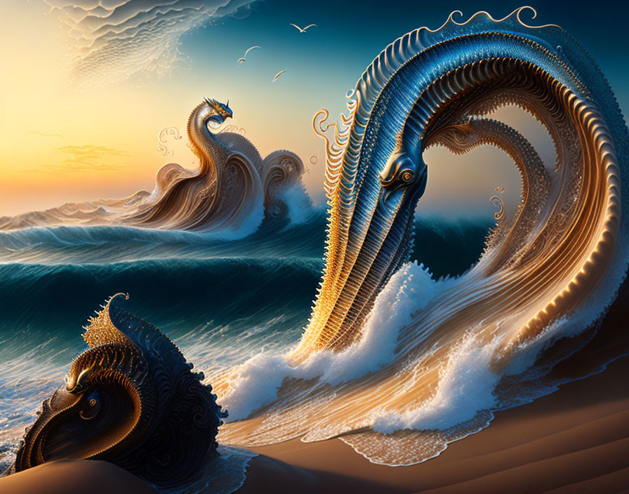 Surreal digital artwork: Ocean waves with swirling sea horse-like creatures at sunset