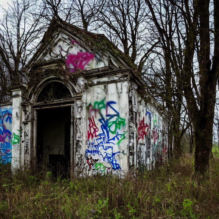 Abandoned building with graffiti-covered walls and overgrown trees