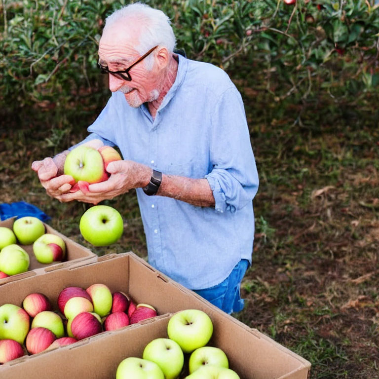 Elderly man in blue shirt picking apples in orchard