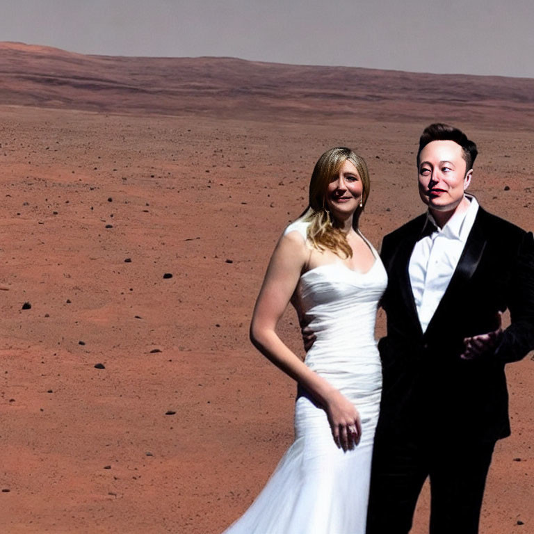 Couple in wedding attire on Mars-like terrain with clear sky