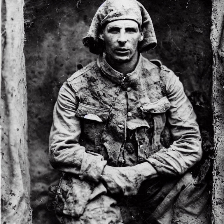 Monochrome image of tired soldier in torn uniform, covered in mud