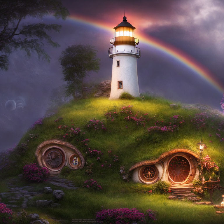 Scenic lighthouse on green hill with rainbow and quaint round doorways