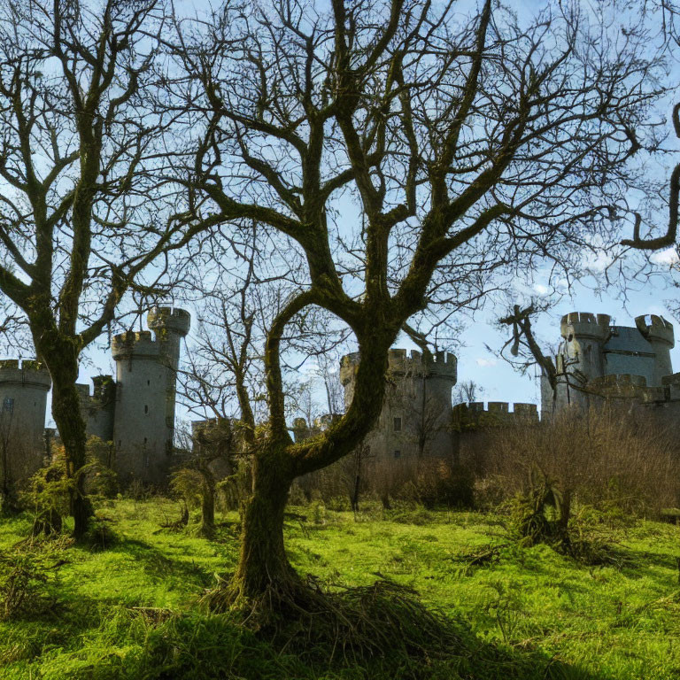 Medieval castle and bare trees under blue sky with clouds.