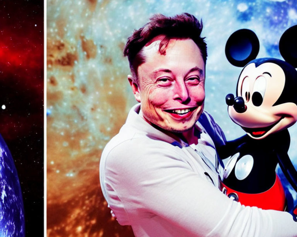 Smiling person hugging Mickey Mouse in cosmic space