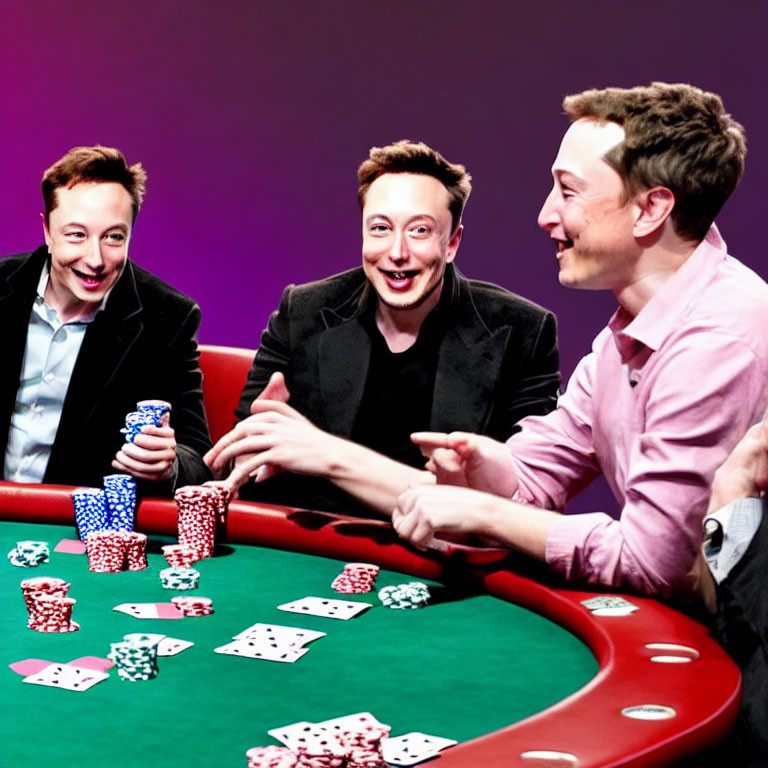 Three people laughing at poker table with chips and cards.