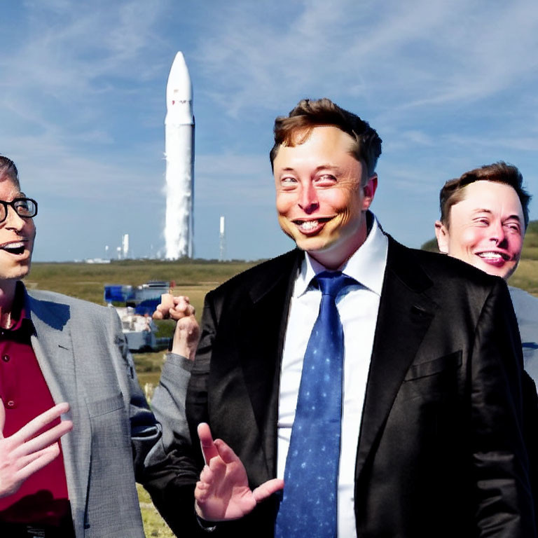 Two identical individuals with a rocket in the background, smiling outdoors.