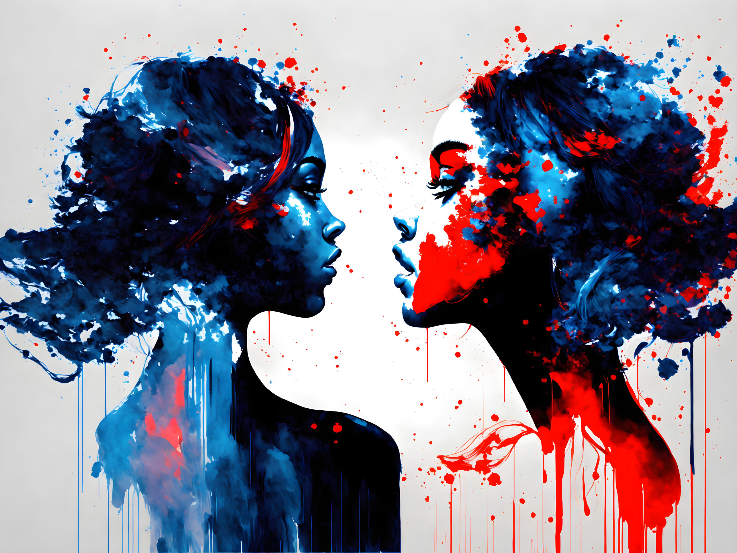 Abstract Human Profile Silhouettes in Blue and Red Splashes