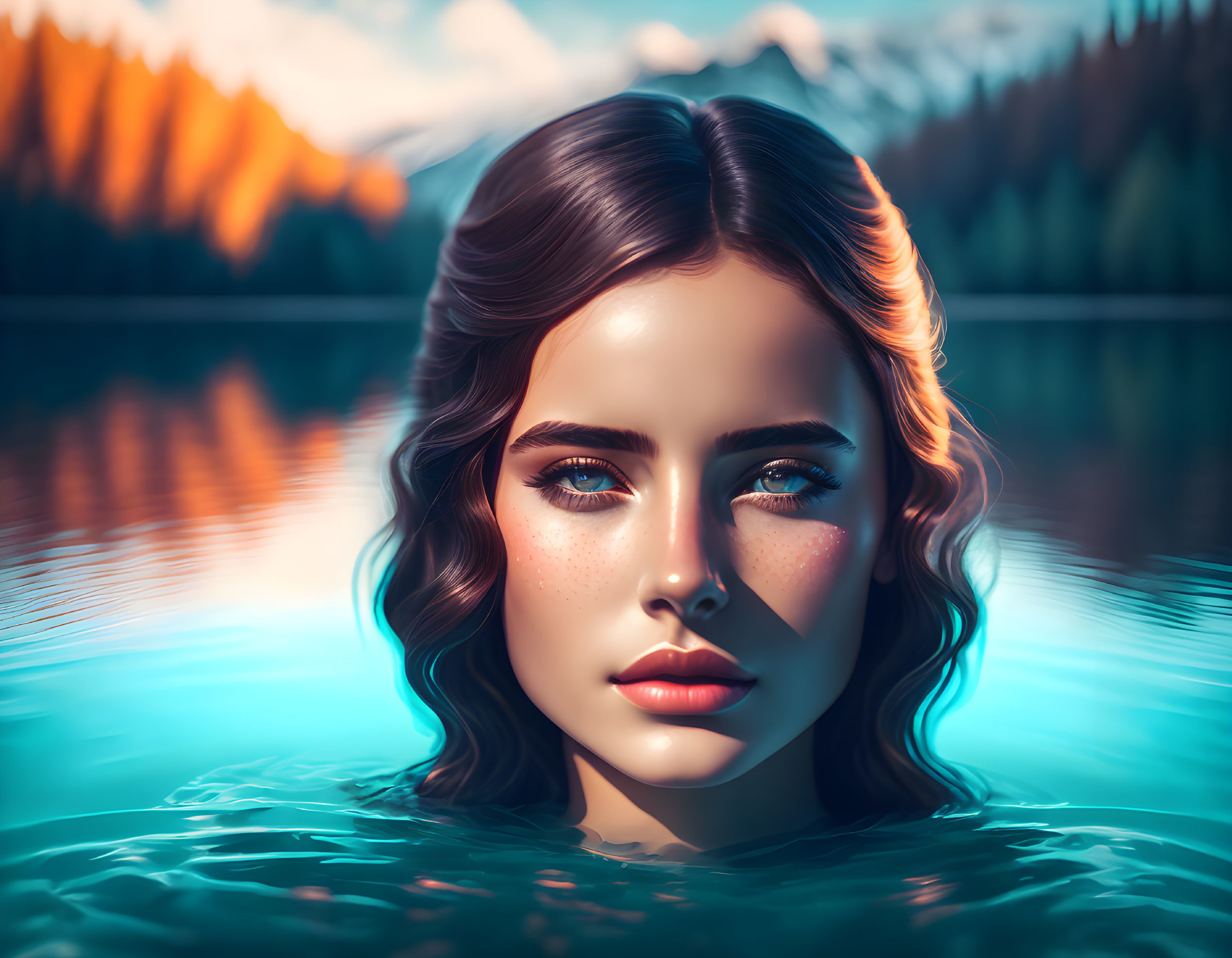 Digital illustration: Woman with wavy hair in water, reflecting forested mountain backdrop