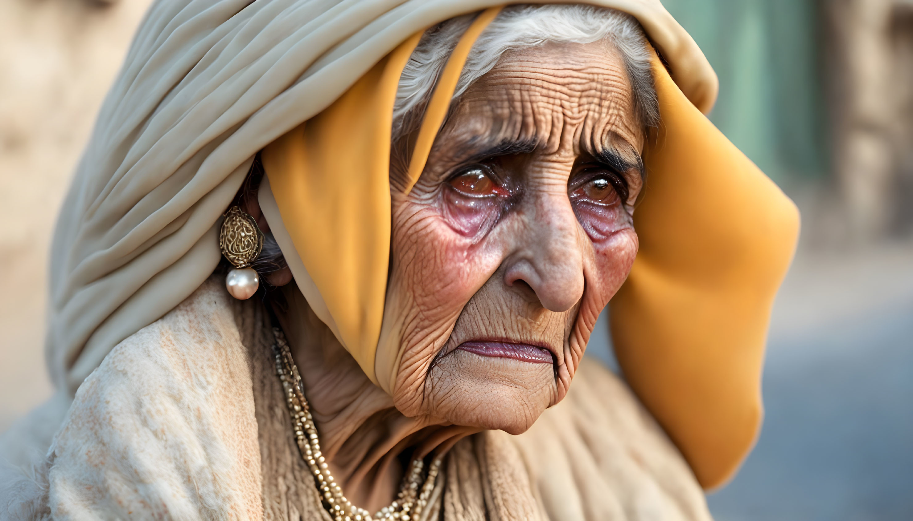 Elderly woman in cream headscarf with pearl earrings gazes thoughtfully.