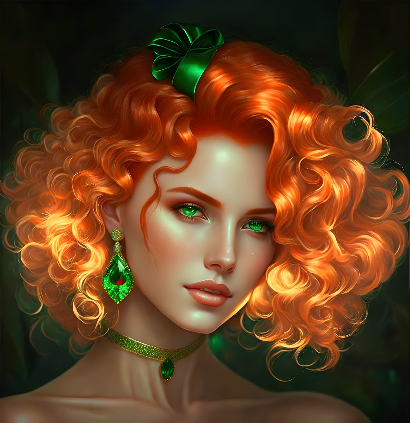 Digital portrait of woman with red curly hair, green eyes, and jewelry on dark background