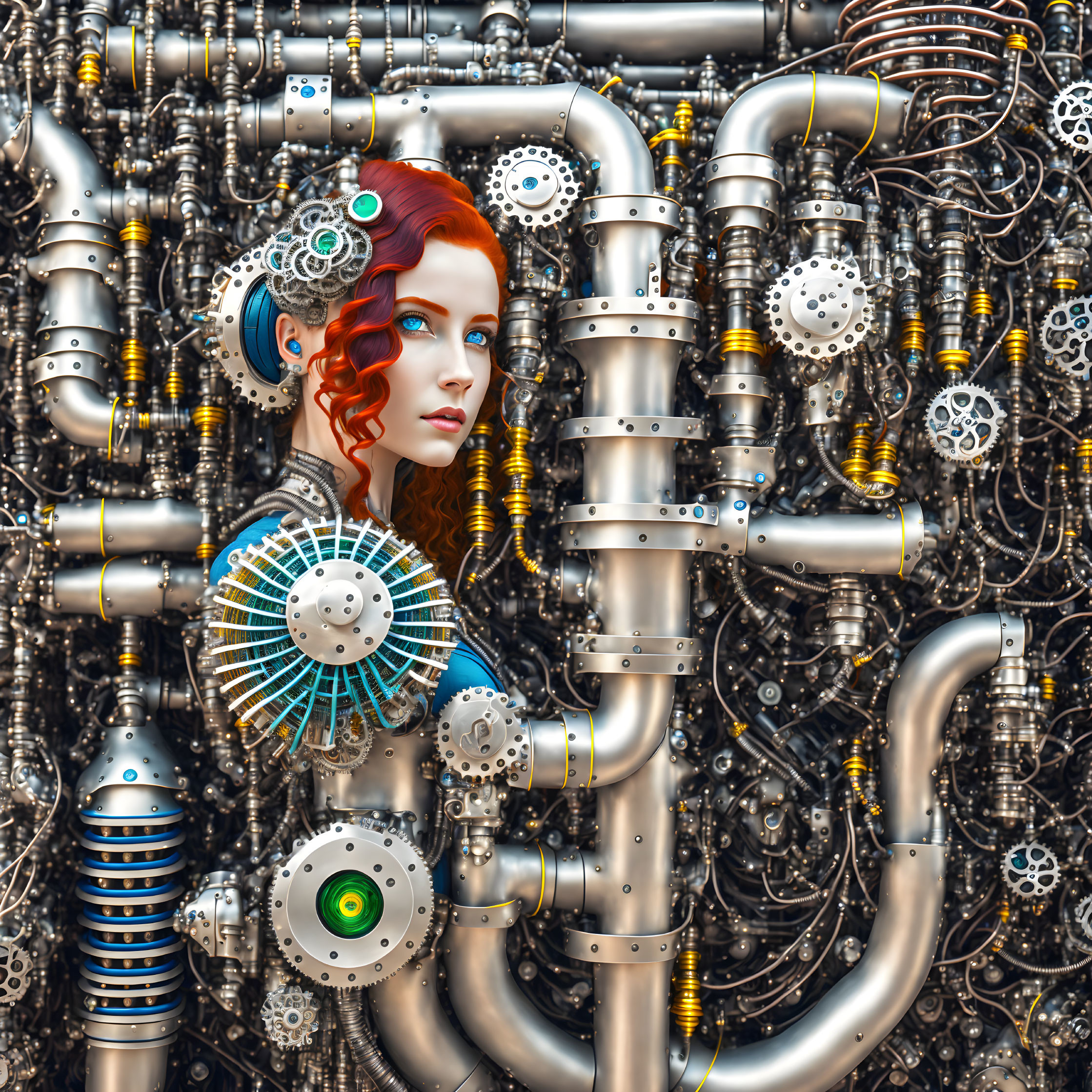 Red-Haired Female Cyborg with Mechanical Parts and Intricate Piping