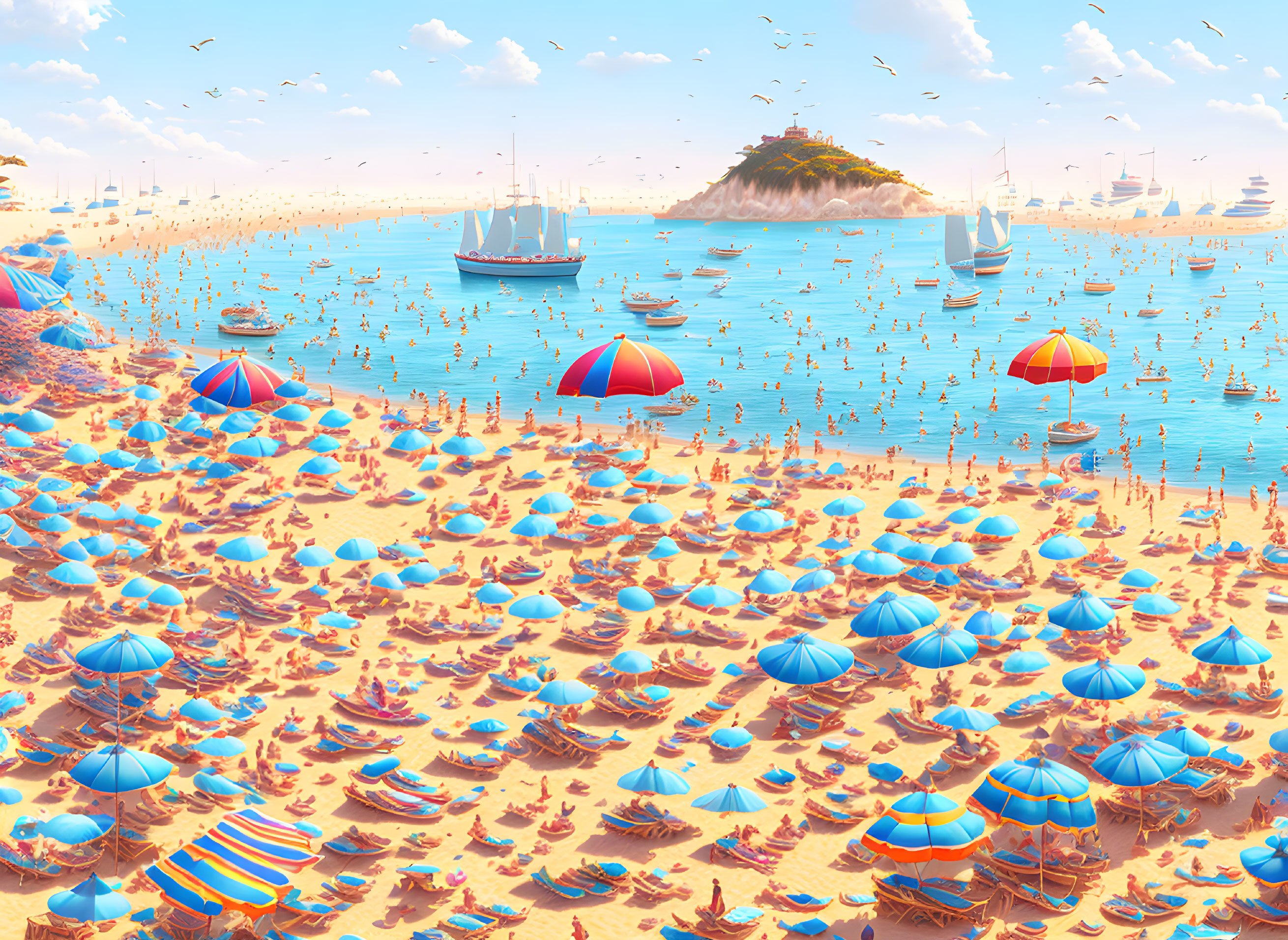 Colorful beach scene with beachgoers, umbrellas, boats, and island under sunny sky