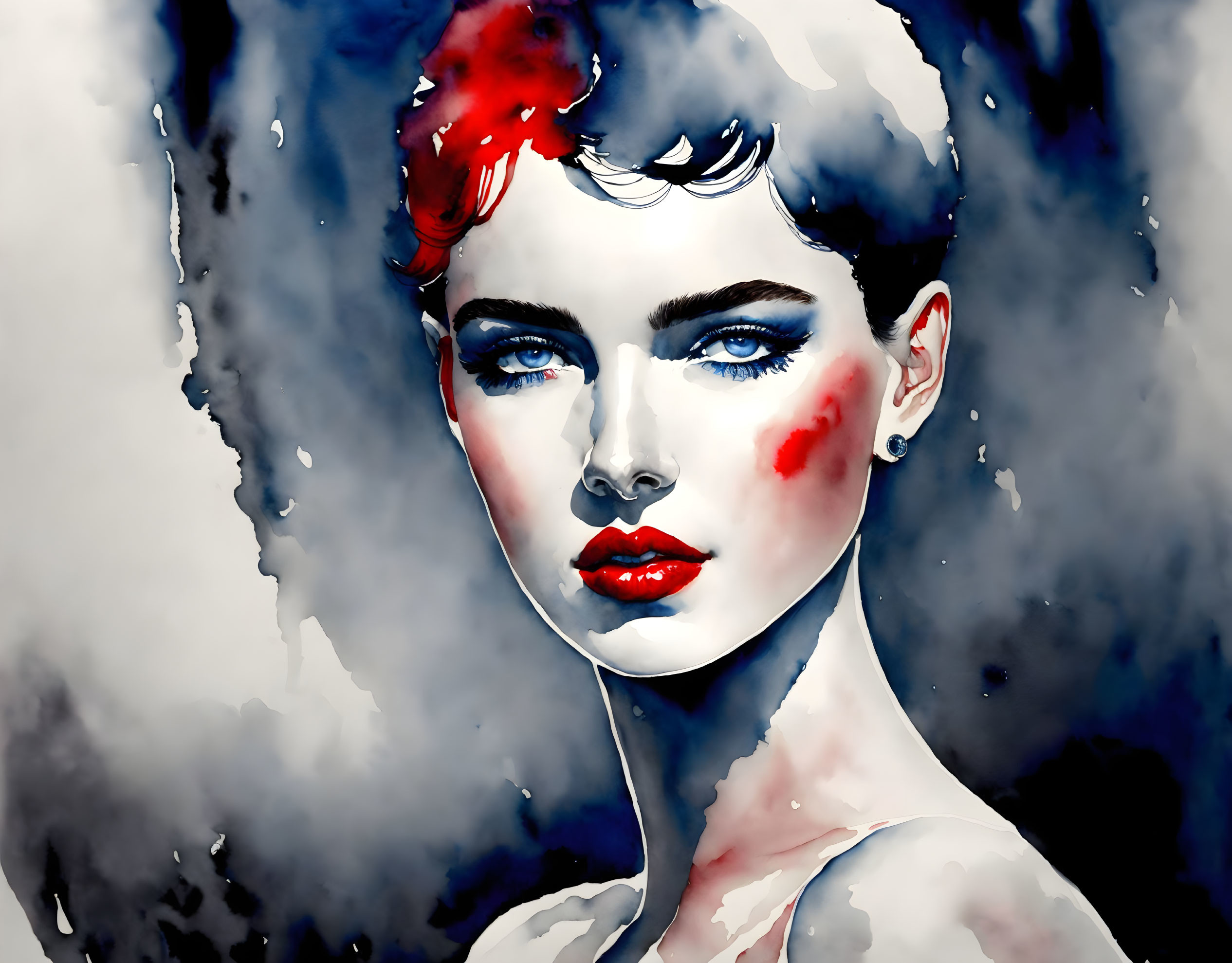 Watercolor portrait of woman with blue eyes, red lips, and bold red hair accent on dark background