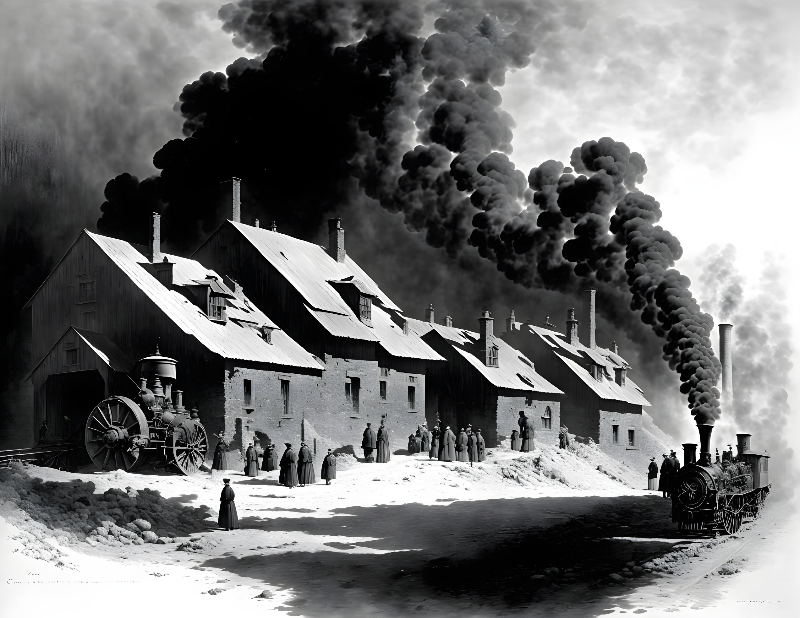 Monochrome industrial scene with smokestacks, locomotive, buildings, and period attire people