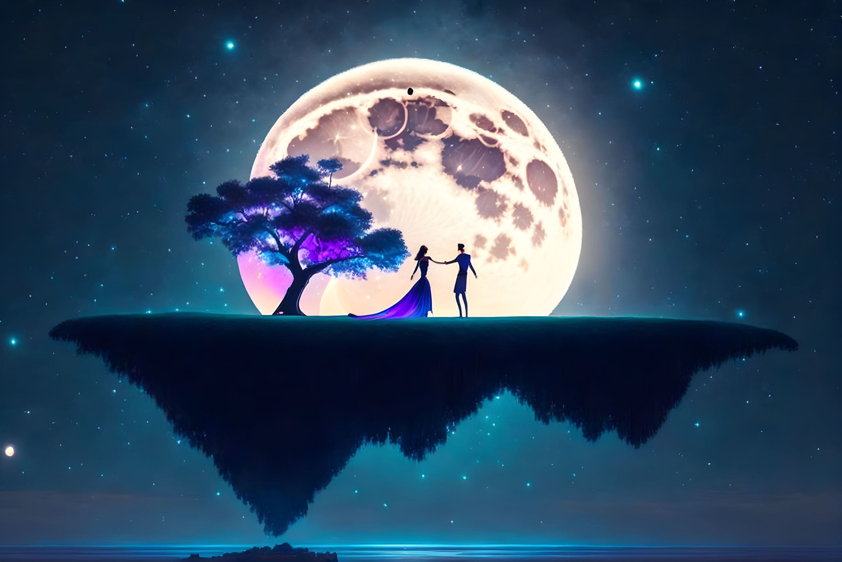 Silhouetted figures on floating island under moonlit sky