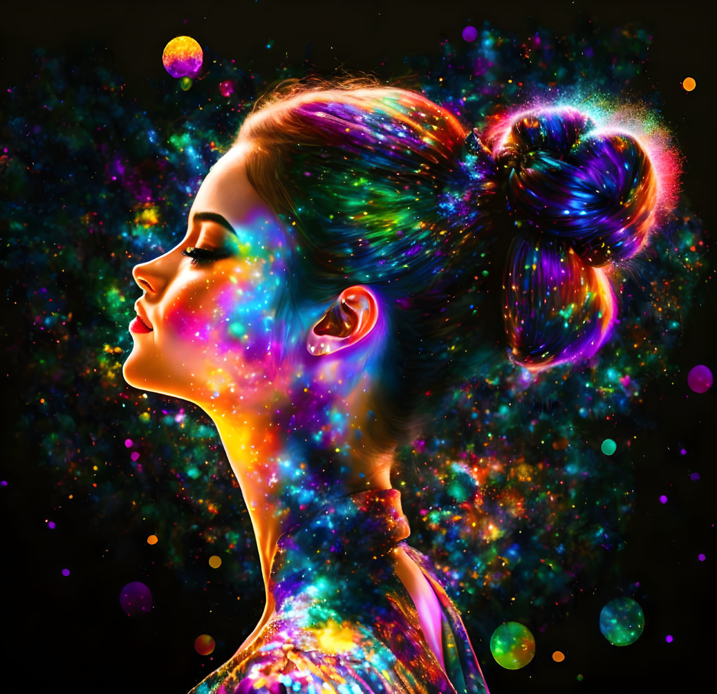 Colorful cosmic art woman profile with luminescent orbs on dark background