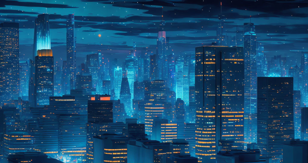 Futuristic night cityscape with blue lights, skyscrapers, and flying vehicles