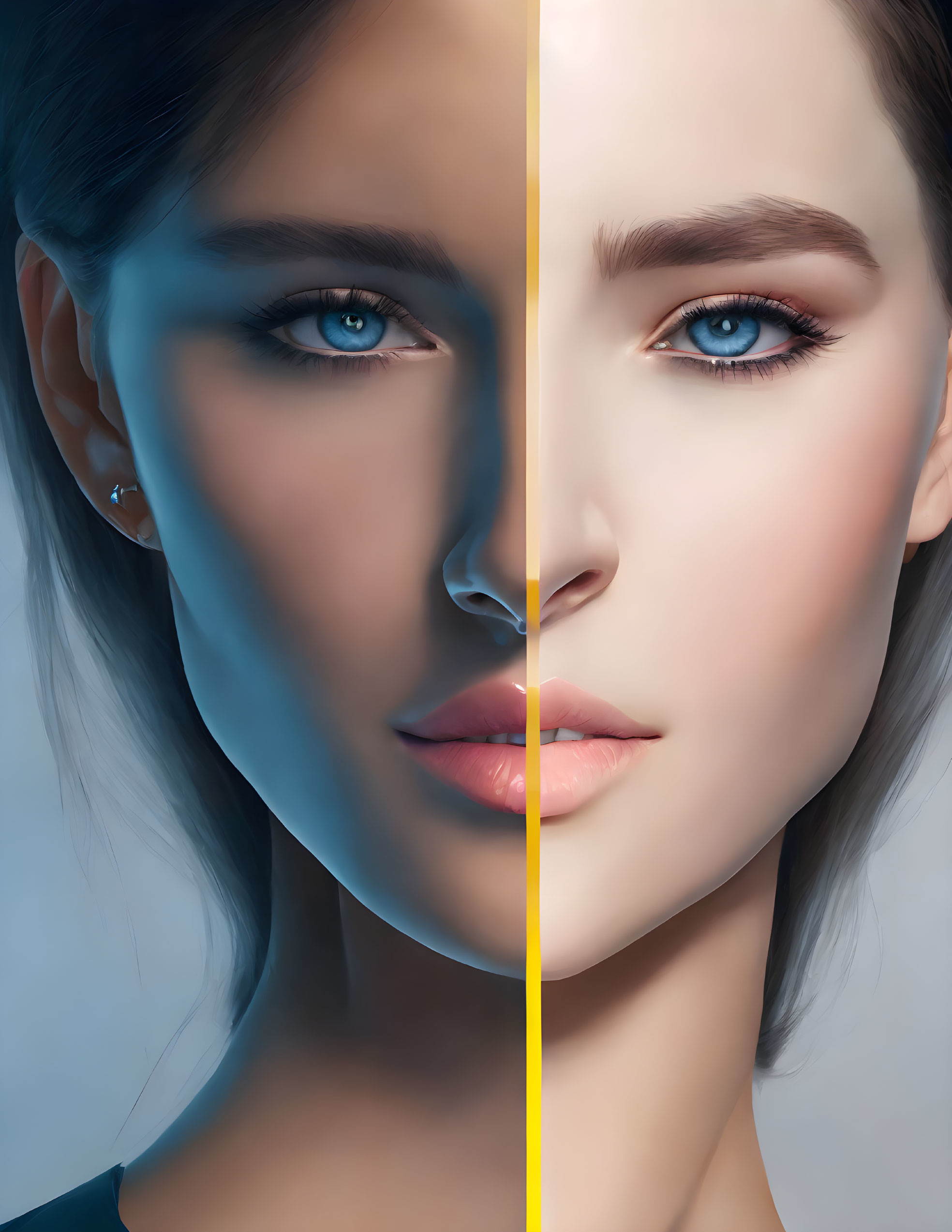 Split portrait showcasing contrast in woman's face with detailed blue eyes.