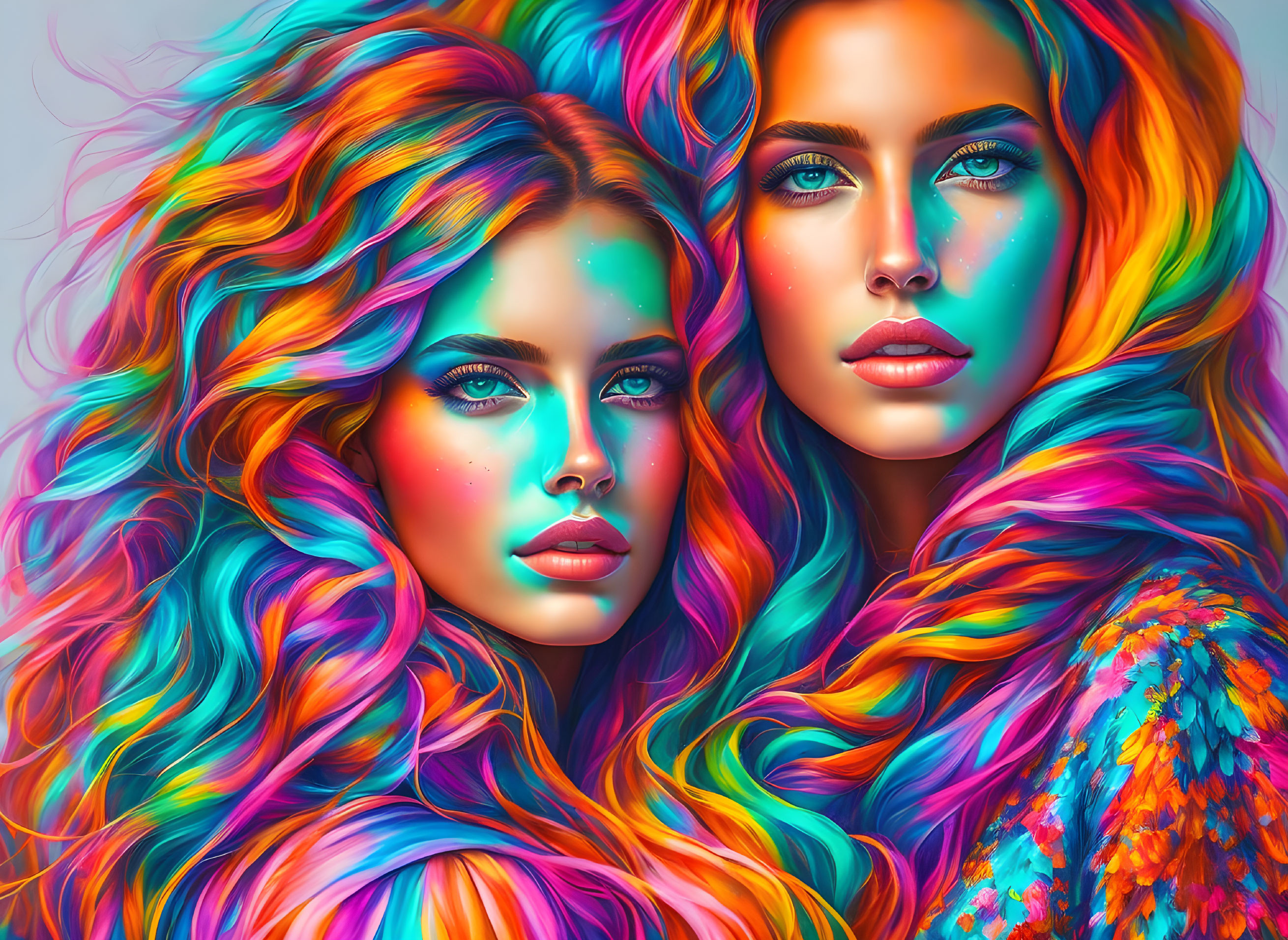 Two women with vibrant, multicolored hair and makeup on colorful background