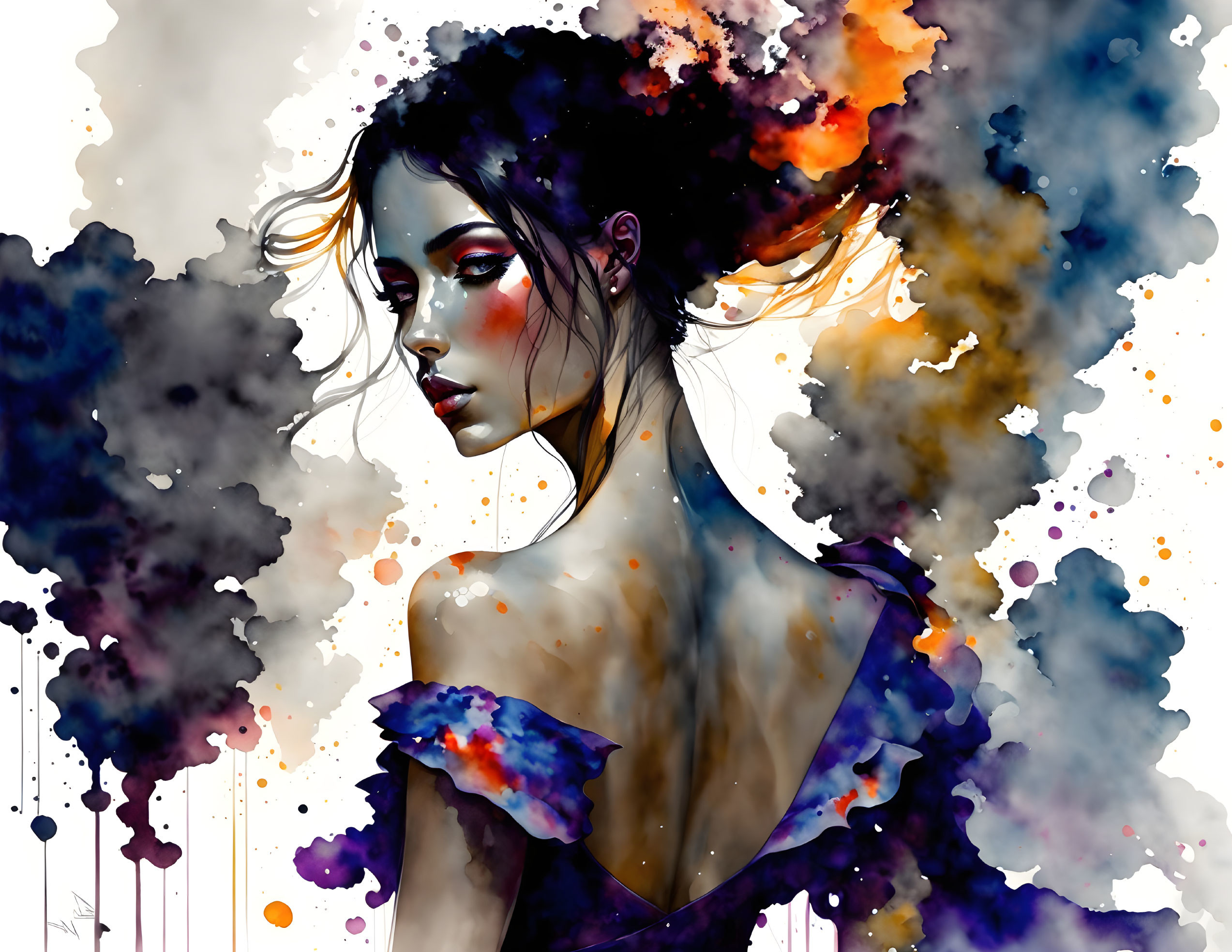 Vibrant watercolor-like woman with black, orange, and blue streaks