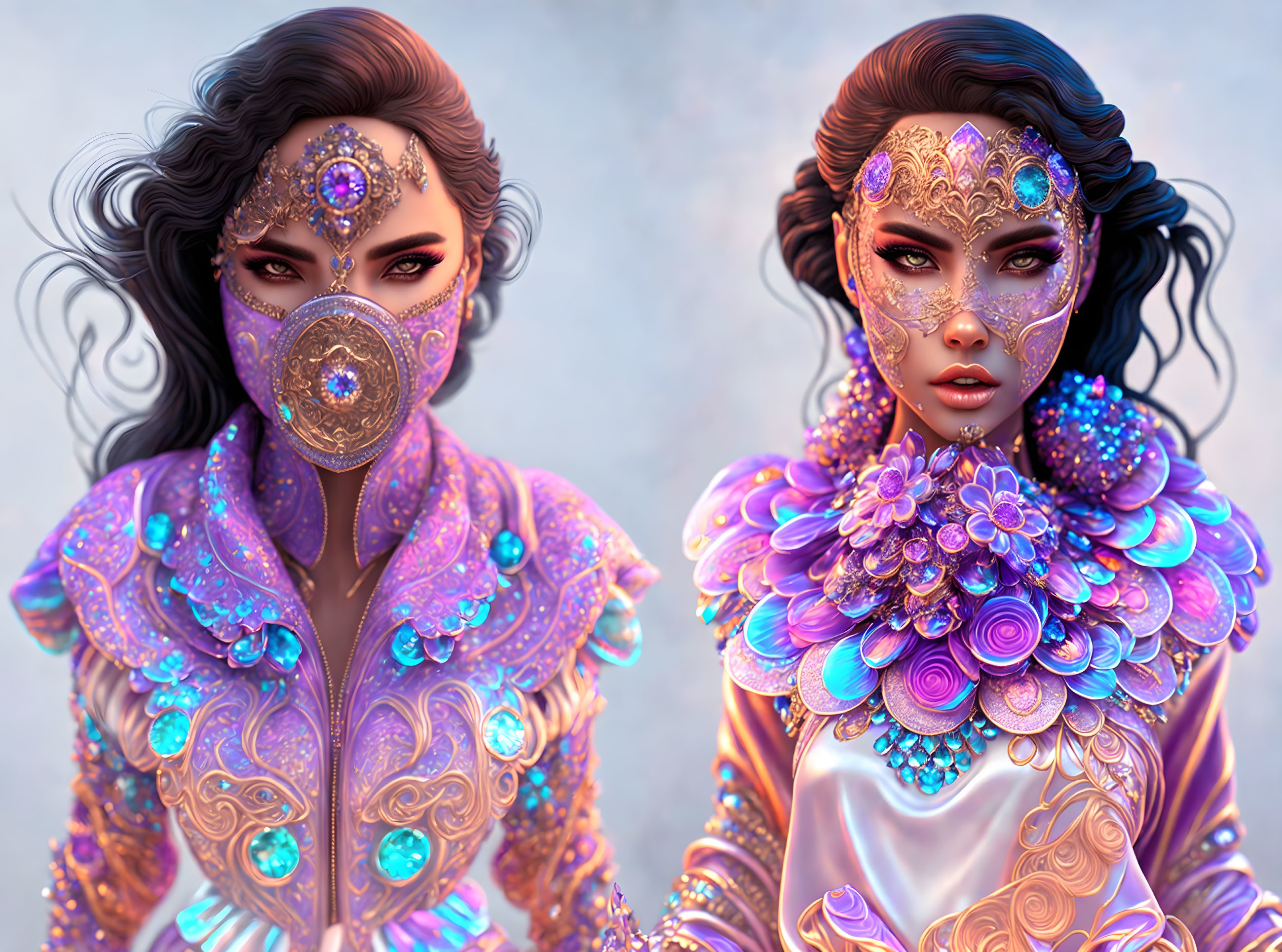 Illustrated women with gem-encrusted masks and ornate shoulder armor on soft background