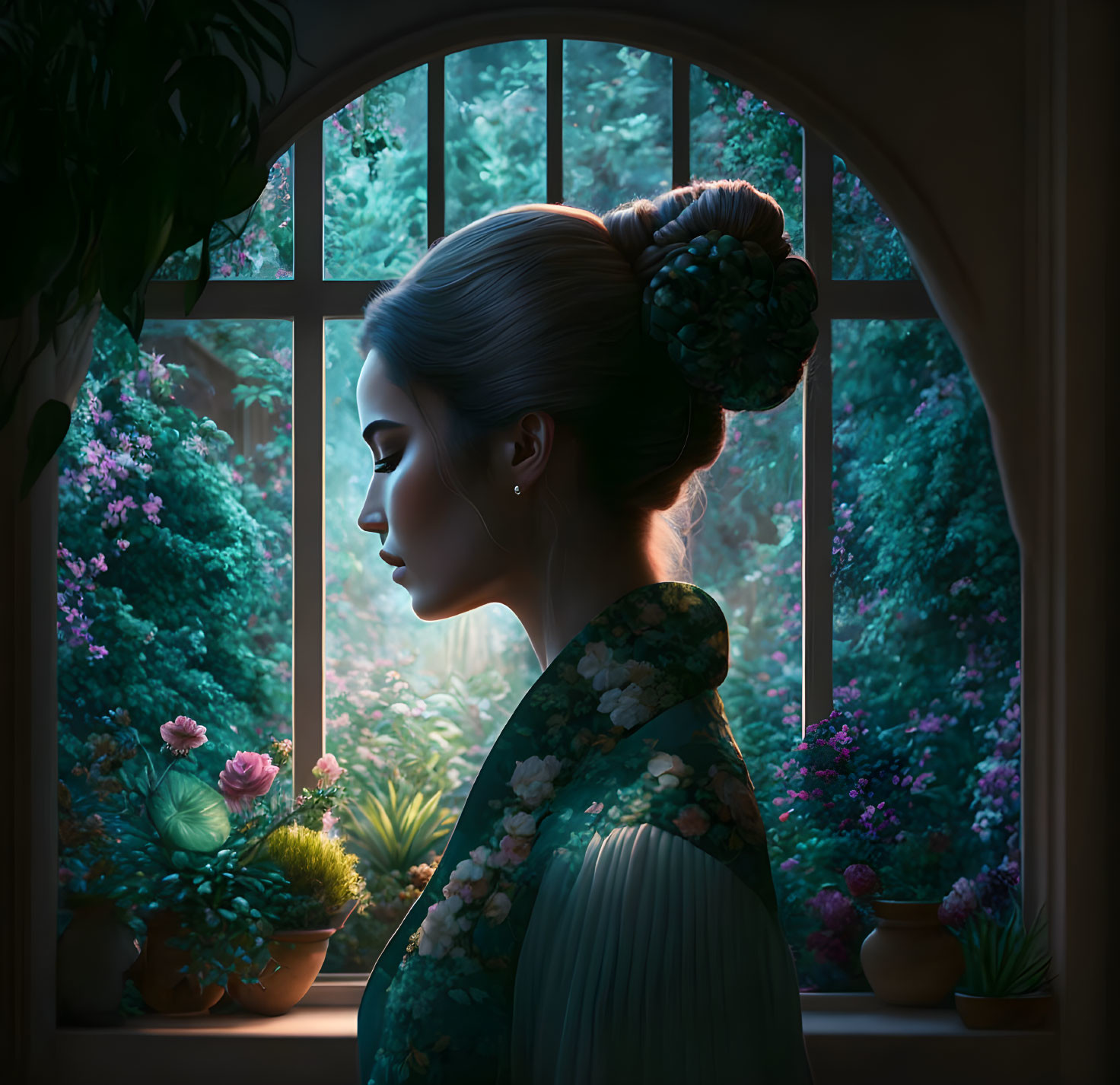 Pensive woman with bun hairstyle gazes out window at dusk among lush flora