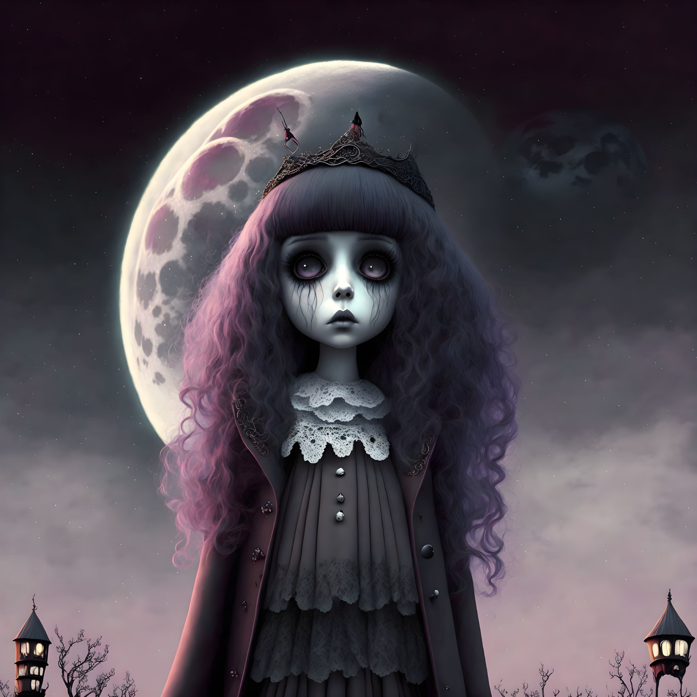 Illustration of gothic girl with red eyes, purple hair, under full moon in black dress.