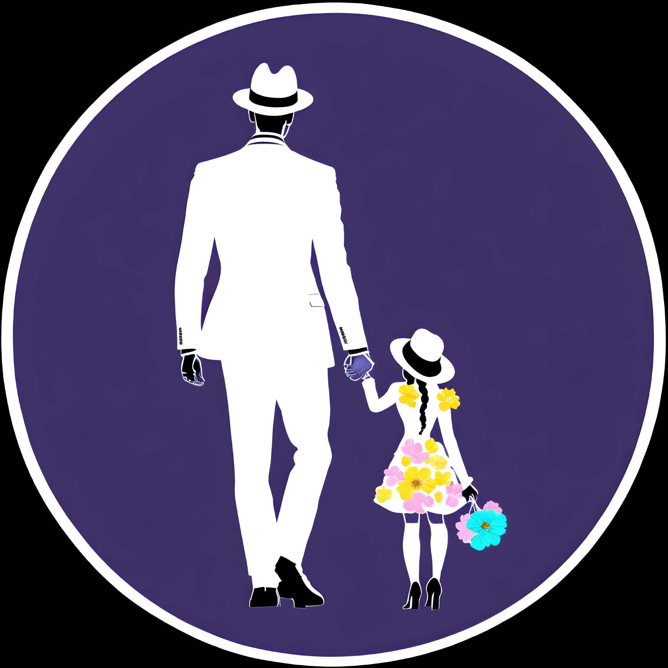 Stylish man and girl in hats holding hands on purple background