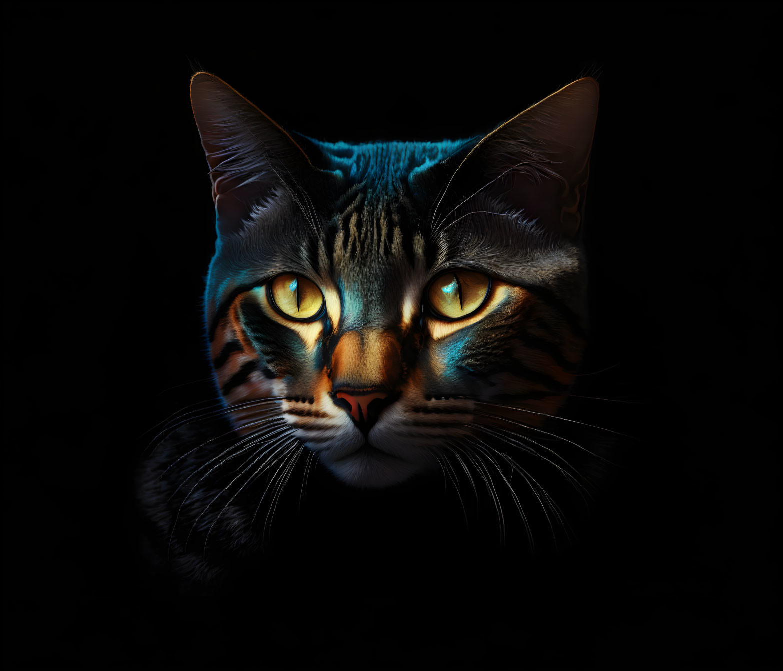 Realistic digital artwork featuring a cat with yellow eyes and intricate fur patterns