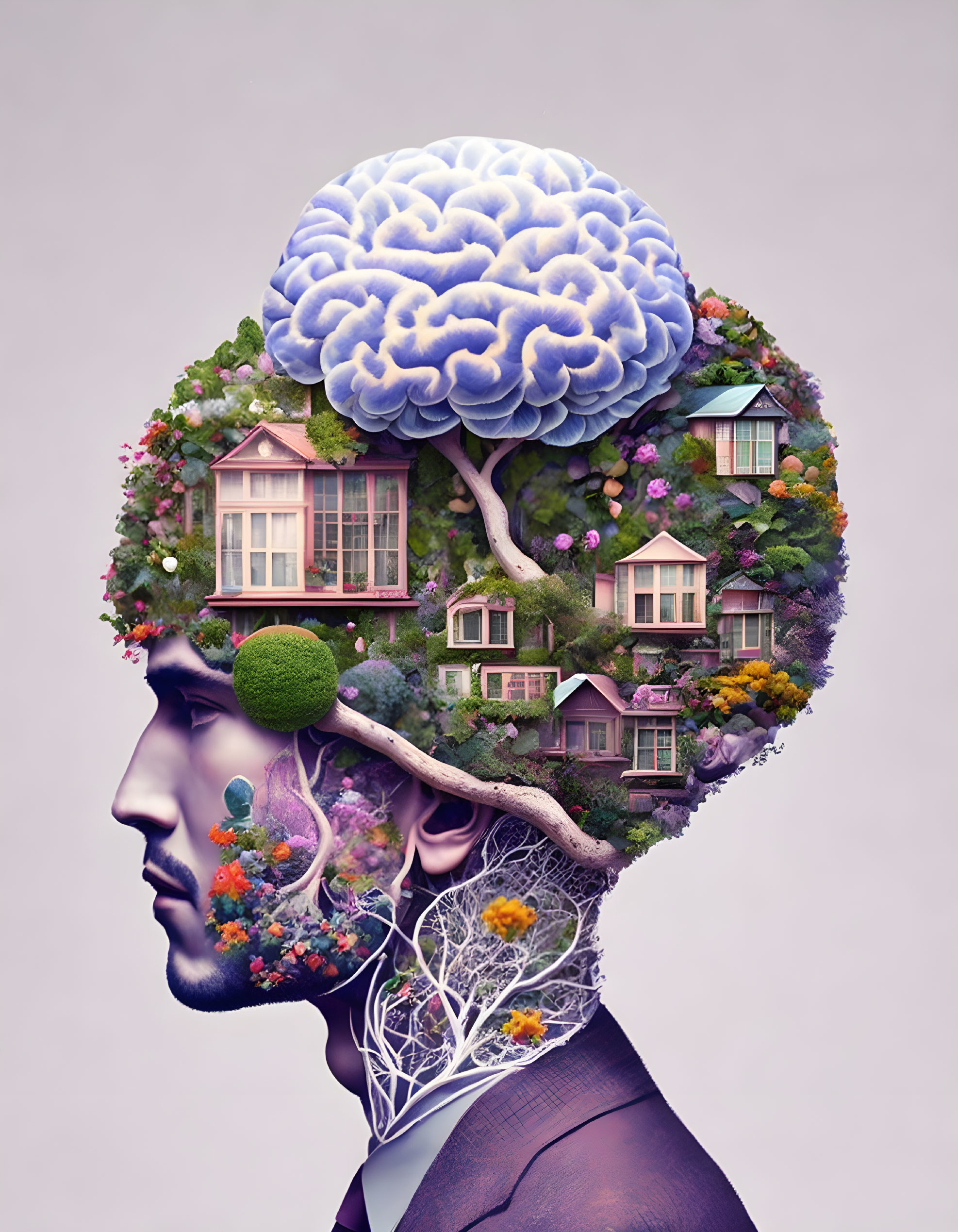 Man's profile with brain head, greenery, flowers, houses - vibrant mind