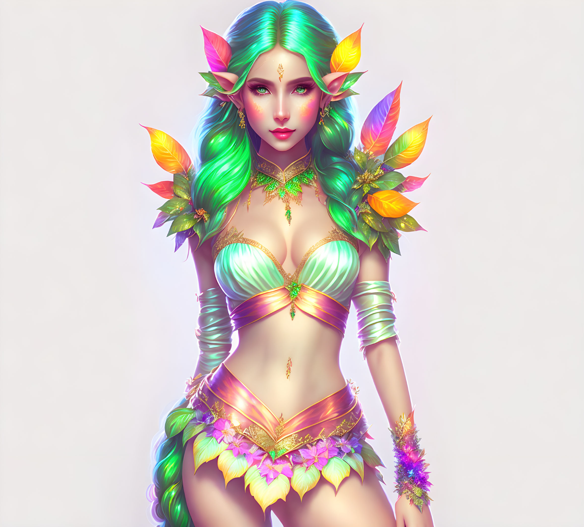 Colorful fantasy character with unique features and nature-inspired attire.