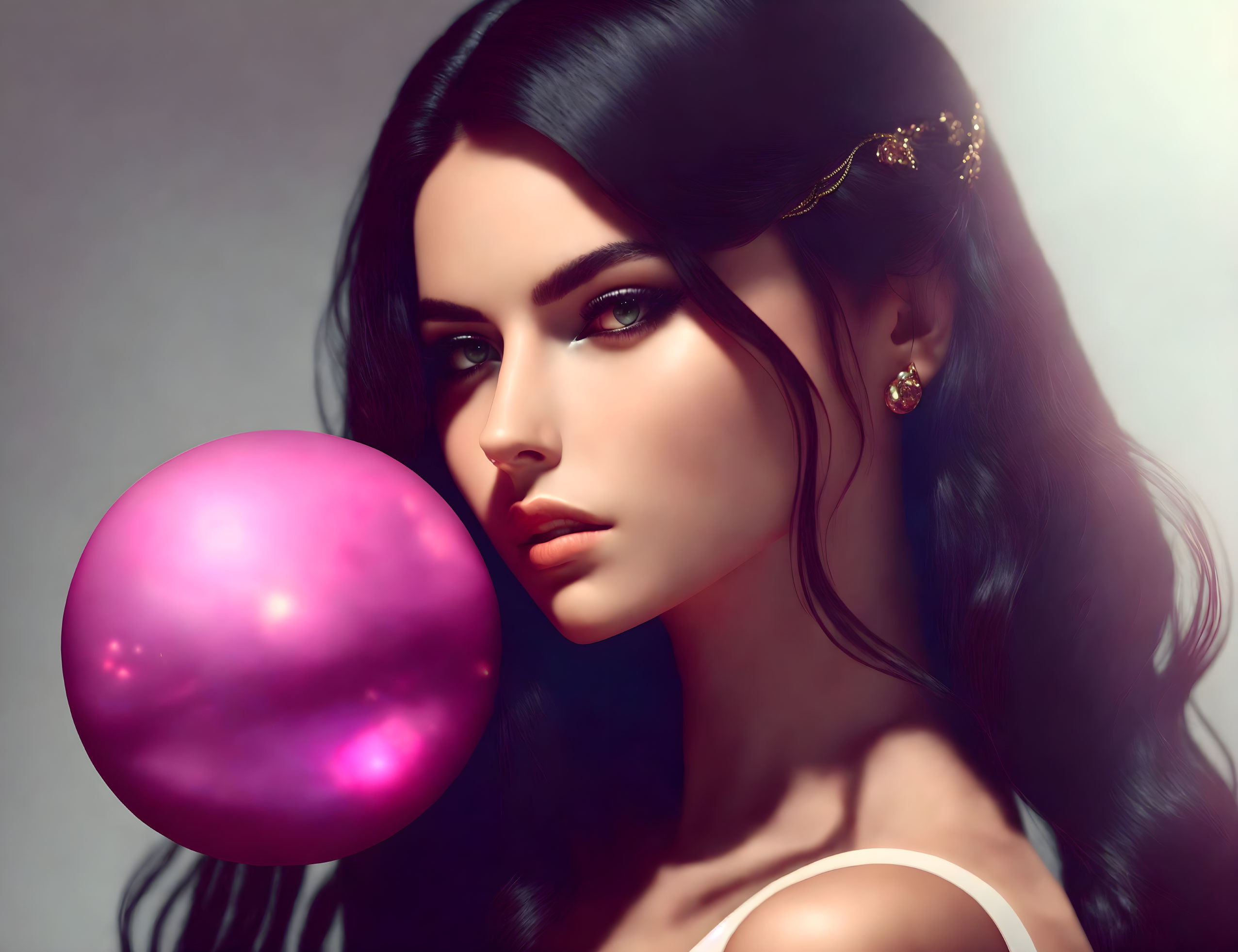 Digital Artwork: Dark-Haired Woman Blowing Pink Bubble with Starry Texture