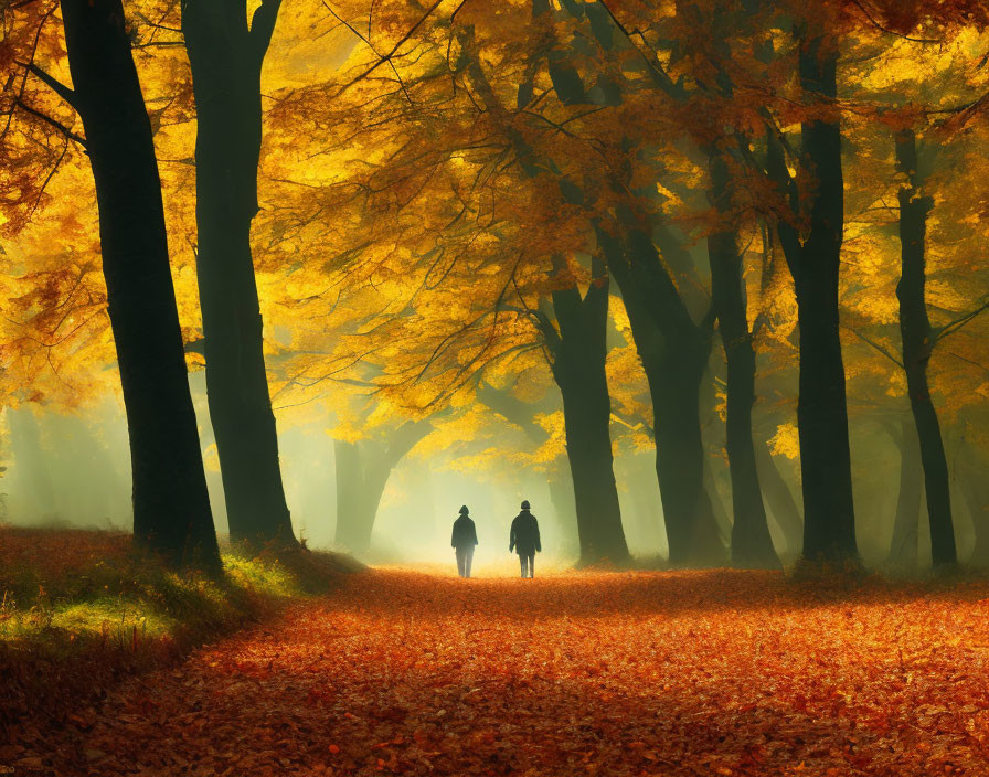 Autumn Forest Scene: Two People Walking on Leaf-Covered Path