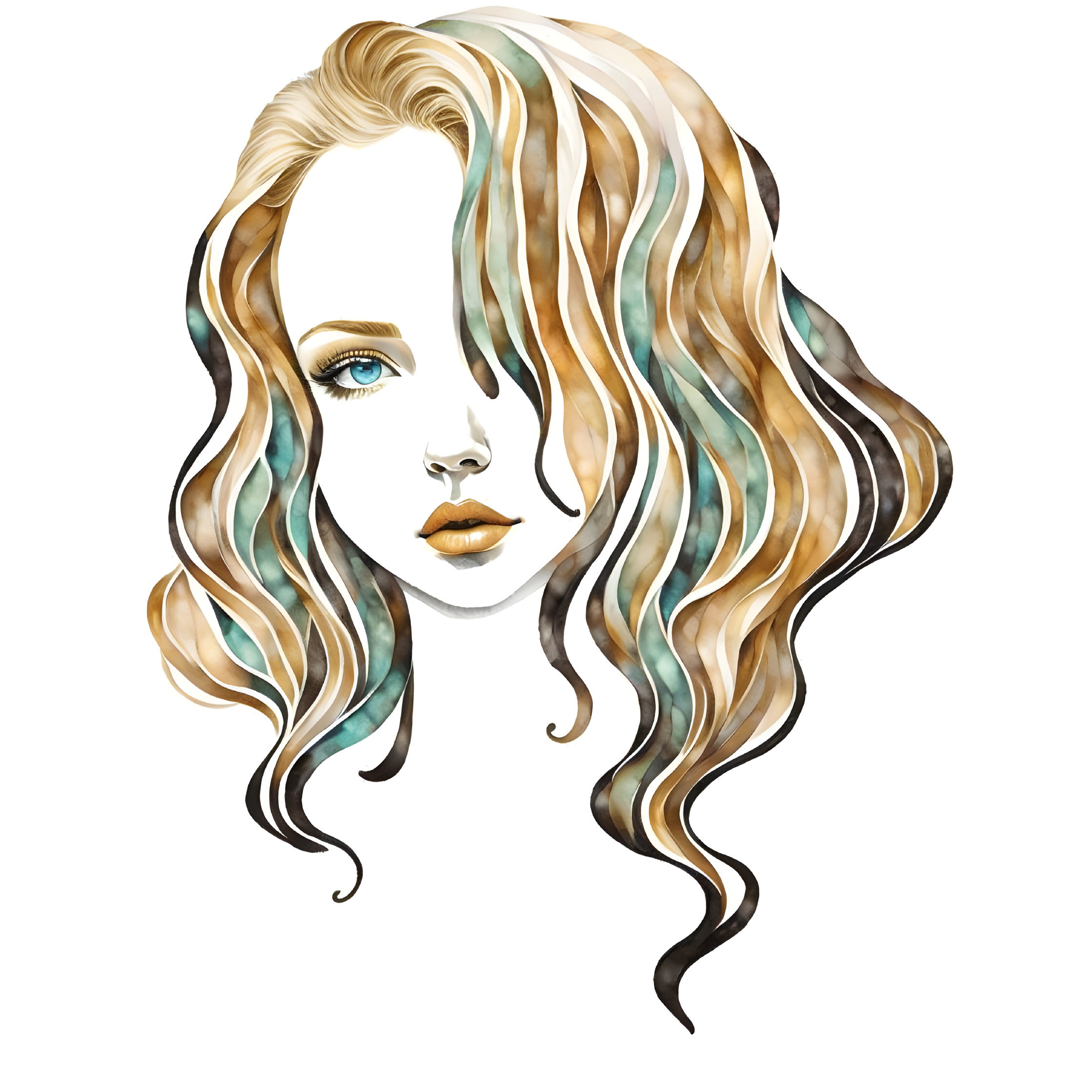 Colorful wavy hair woman with blue eyes on white background