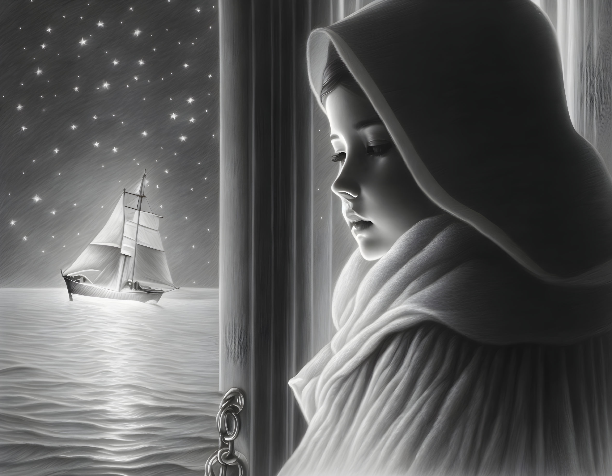 Girl in hooded cloak gazes at starry night sky with sailboat on serene waters