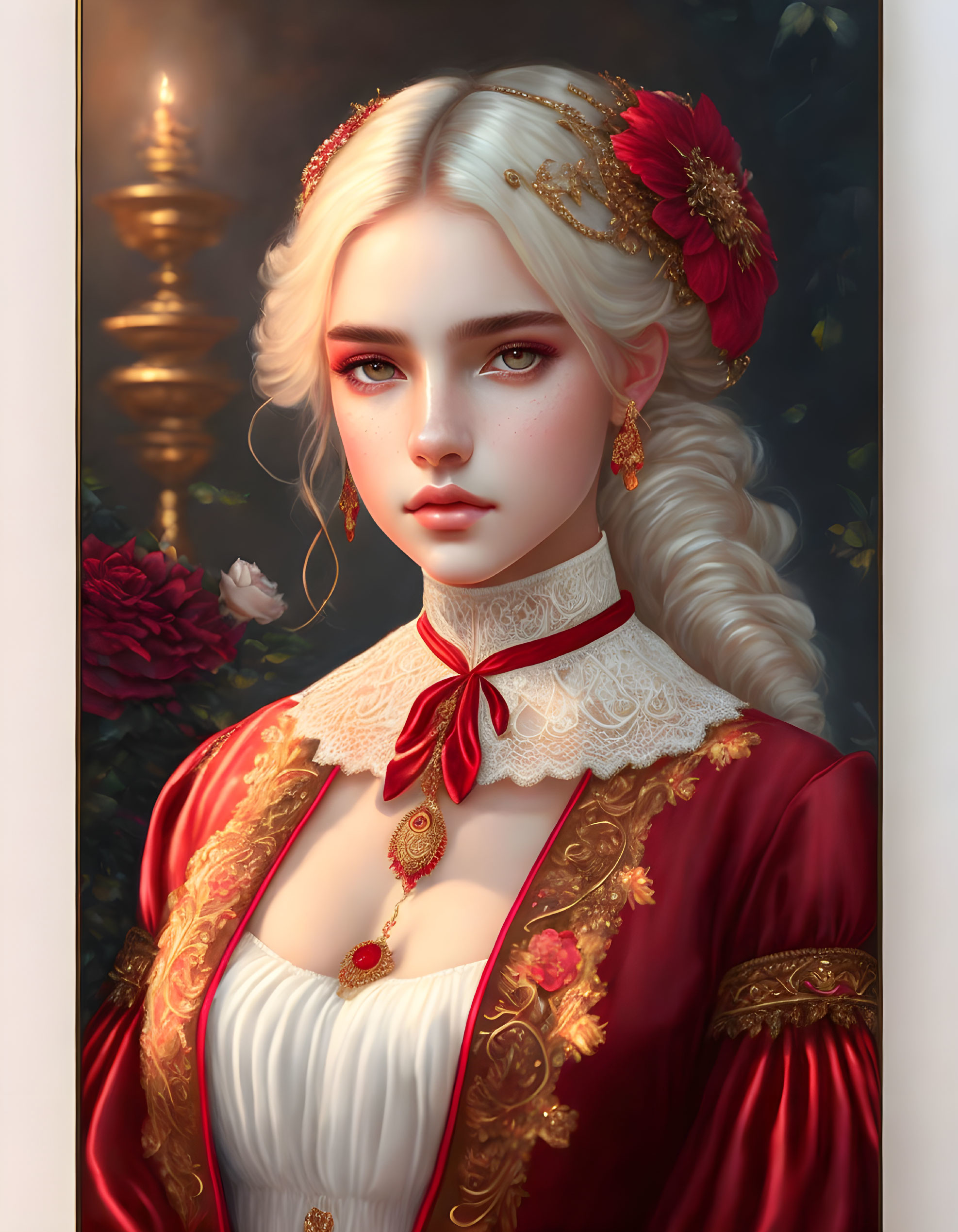 Digital portrait of woman with fair skin, blonde hair in braids, blue eyes, wearing red and