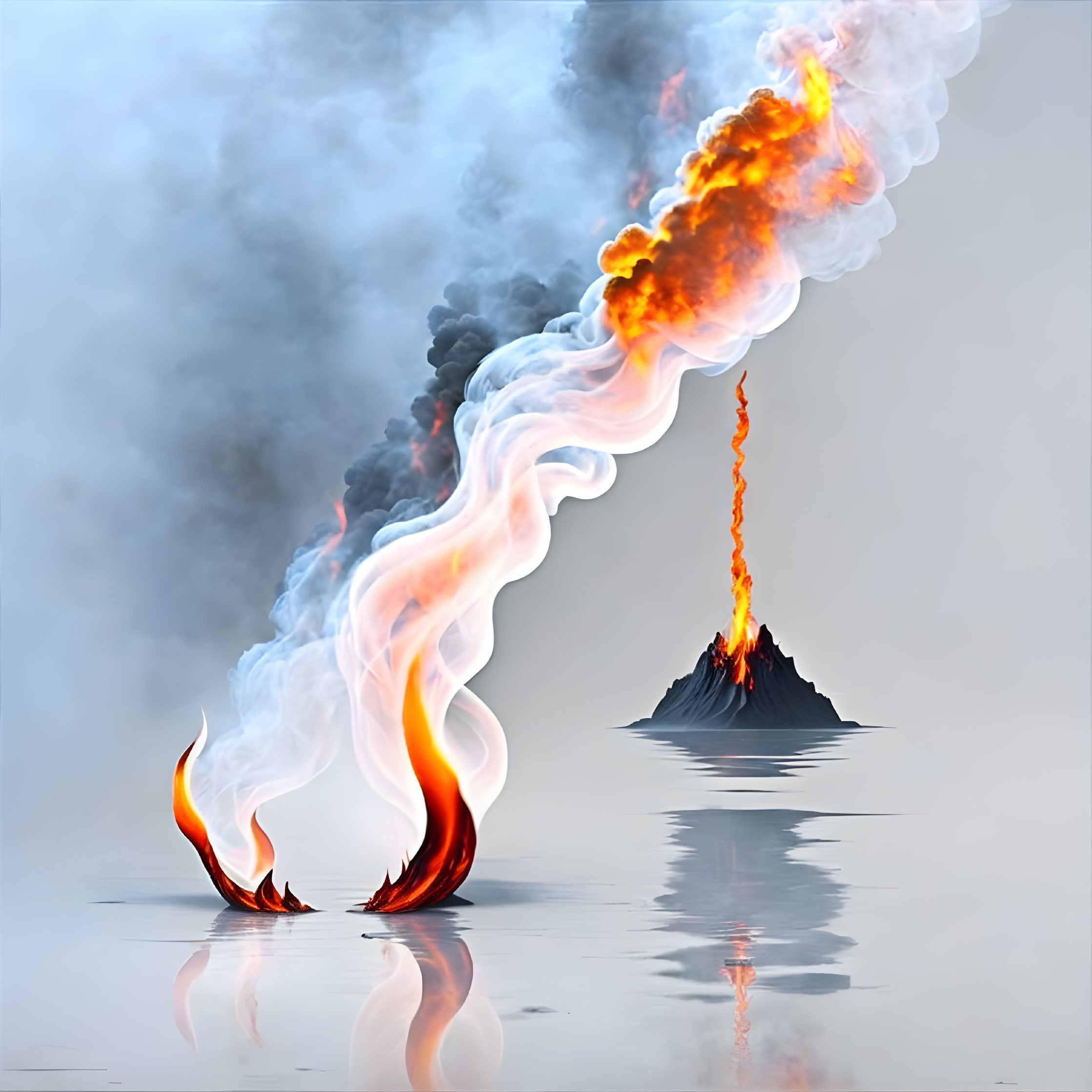 Burning matchstick transforms into volcanic eruption against blue background