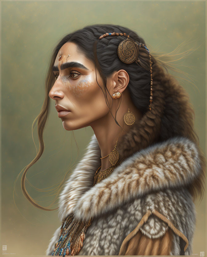 Digital portrait of a woman in tribal jewelry and fur clothing, with an indigenous or fantasy theme.