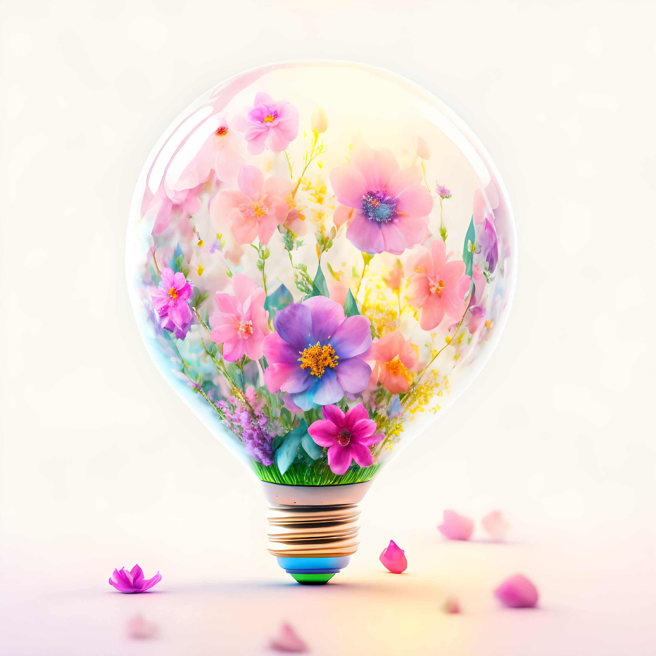 Colorful Flower-Filled Light Bulb on Pastel Background