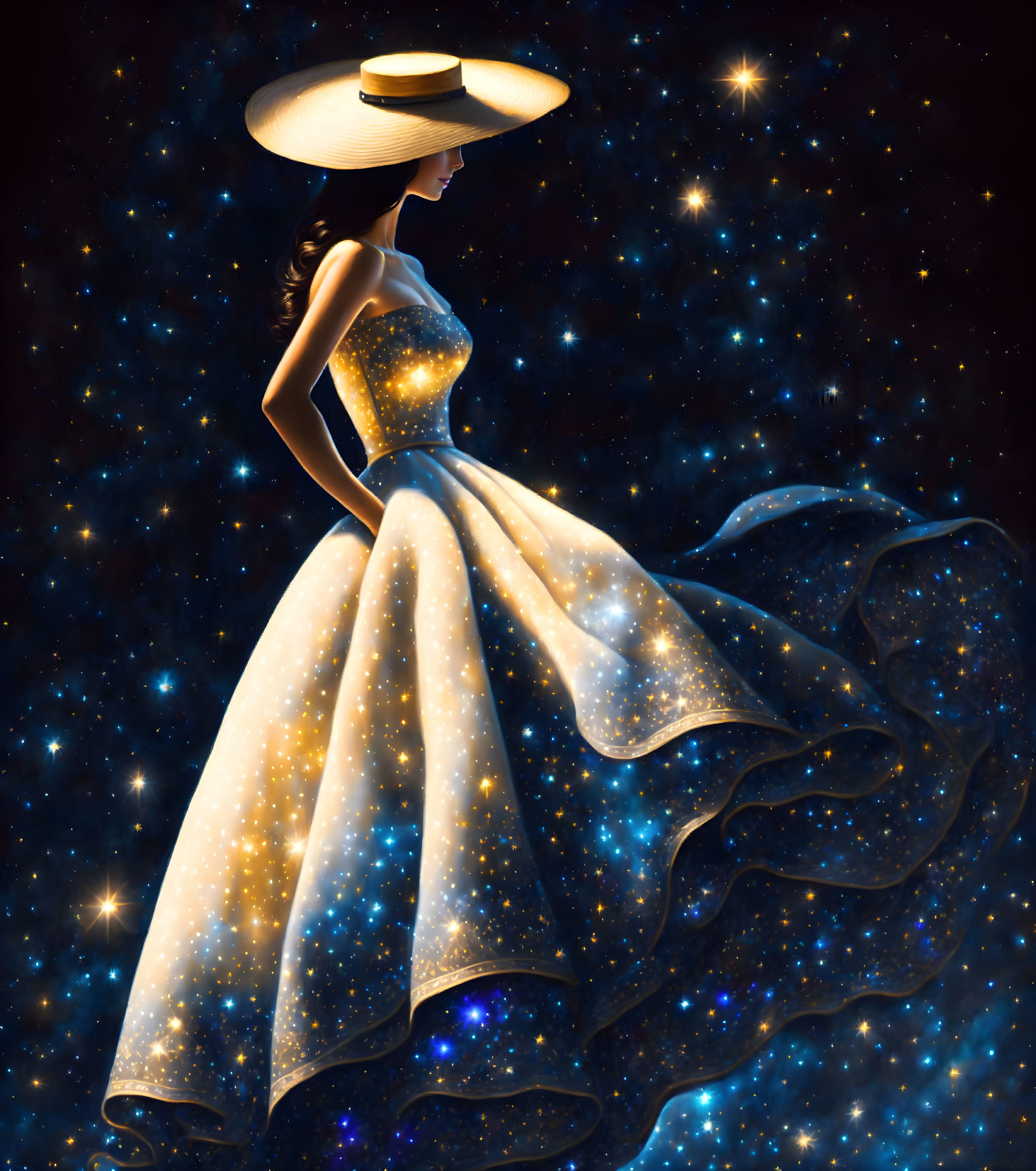 Elegant Woman in Celestial Dress and Hat on Starry Night Sky Background