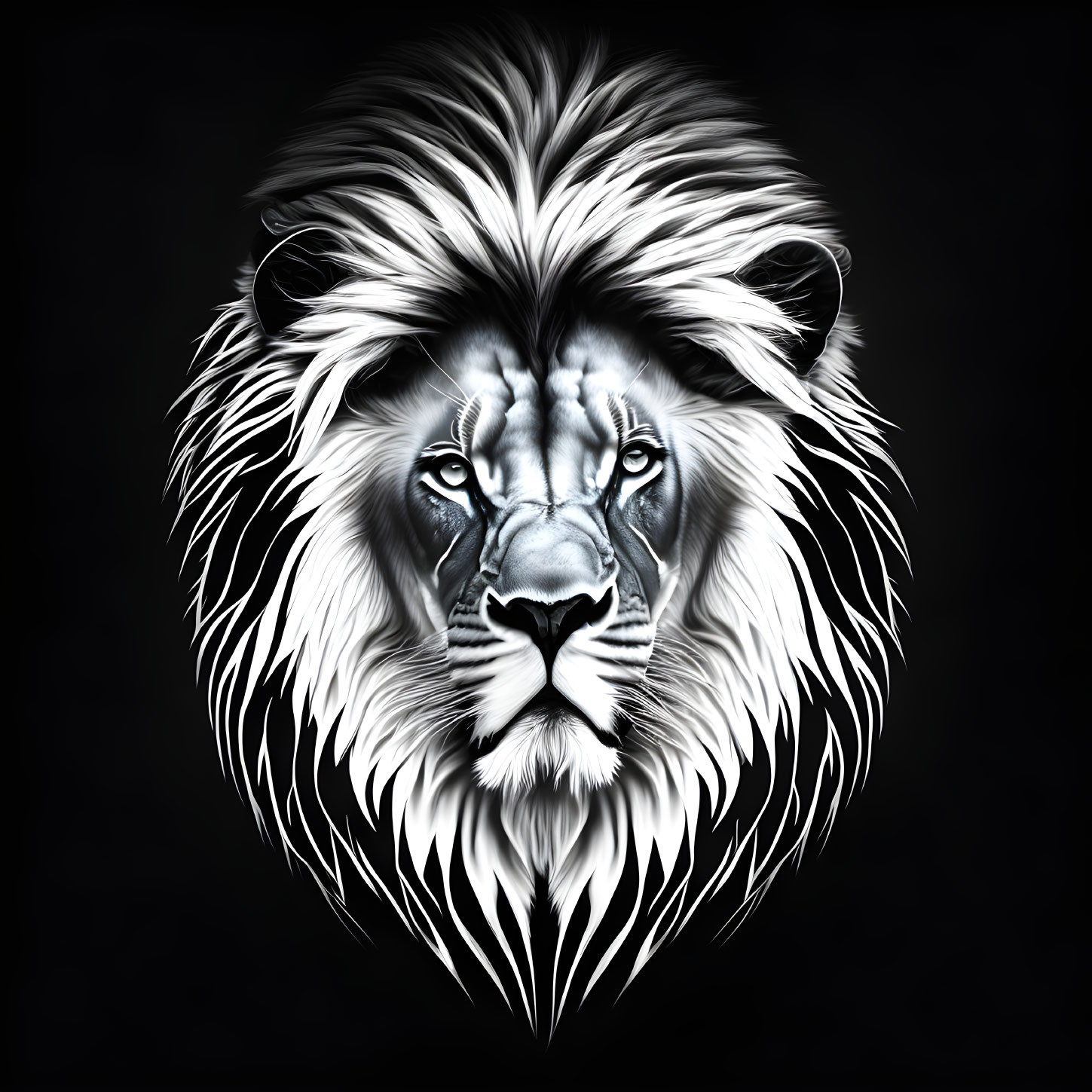 Detailed Monochrome Lion Face Artwork on Black Background