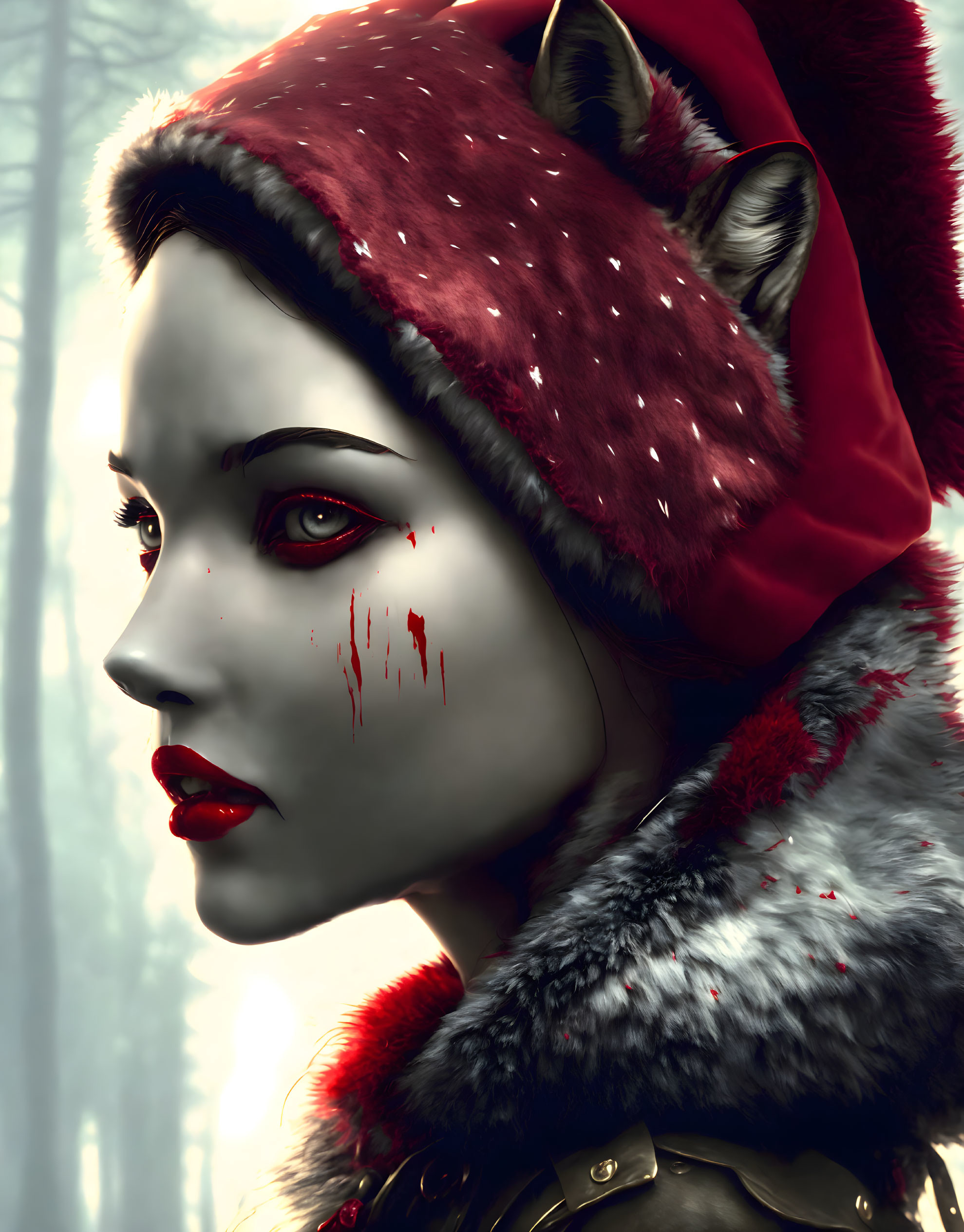 Pale-skinned woman with red lips in misty forest wearing red hood.