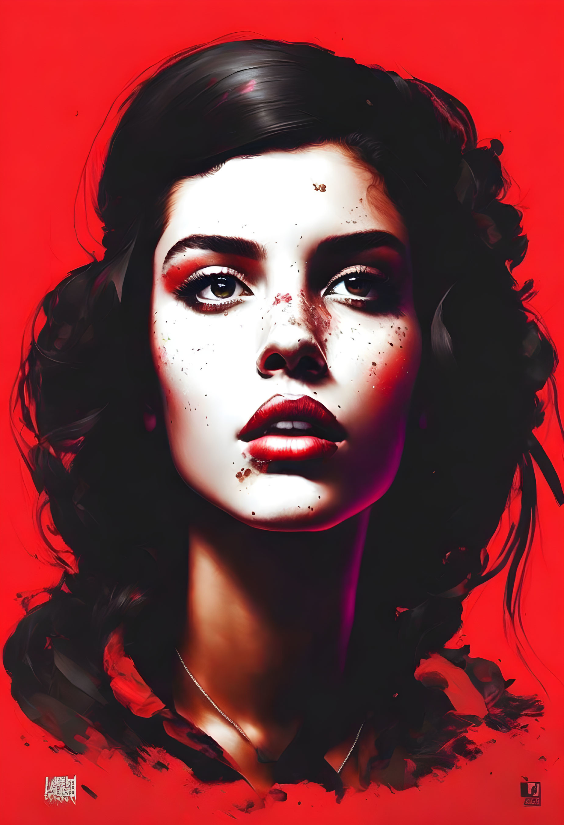 Digital art portrait of woman with red background, freckles, red lips, and intense gaze