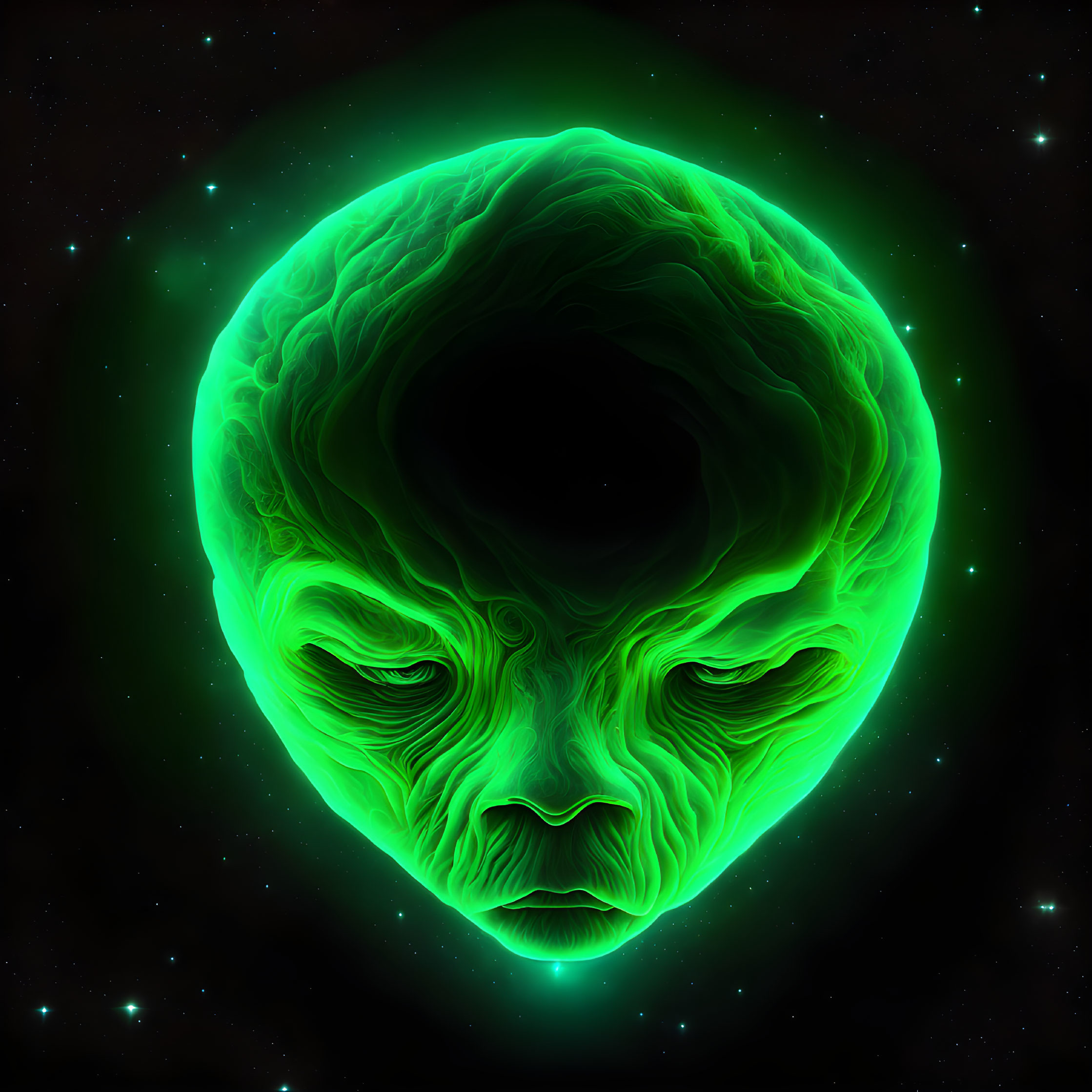 Ethereal neon green alien face in starry space