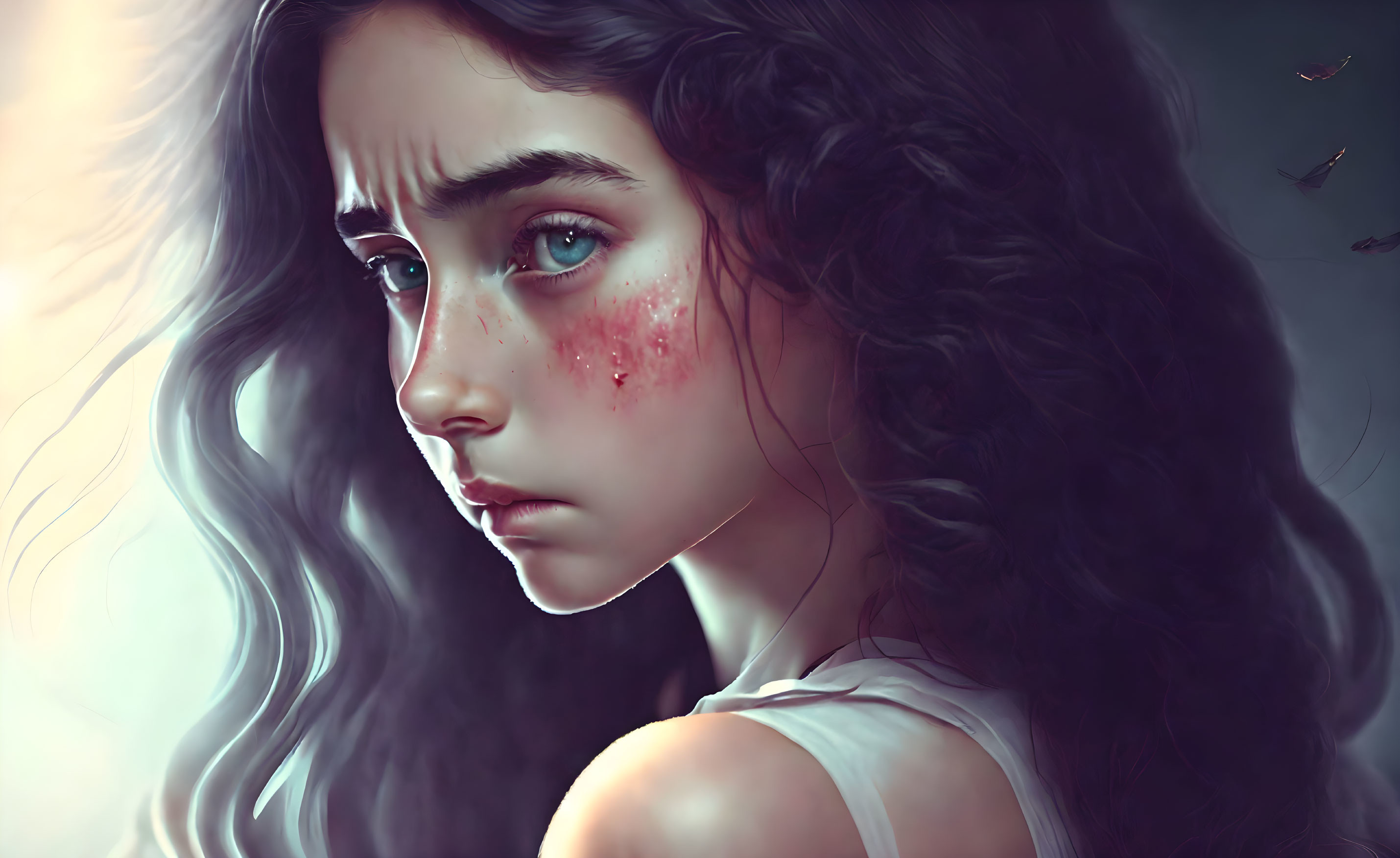 Digital illustration: Young girl with dark curly hair, blue eyes, and red marks on cheek