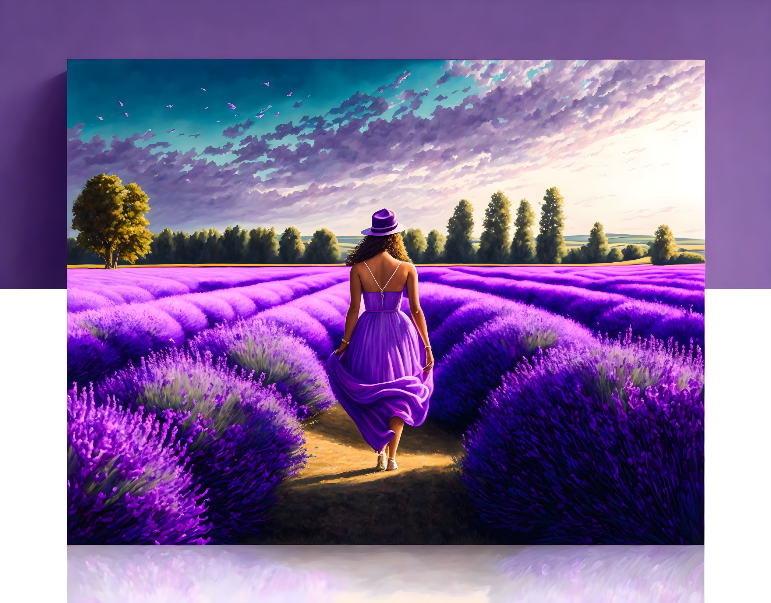 Woman in Purple Dress Walking Through Lavender Field under Sky with Birds