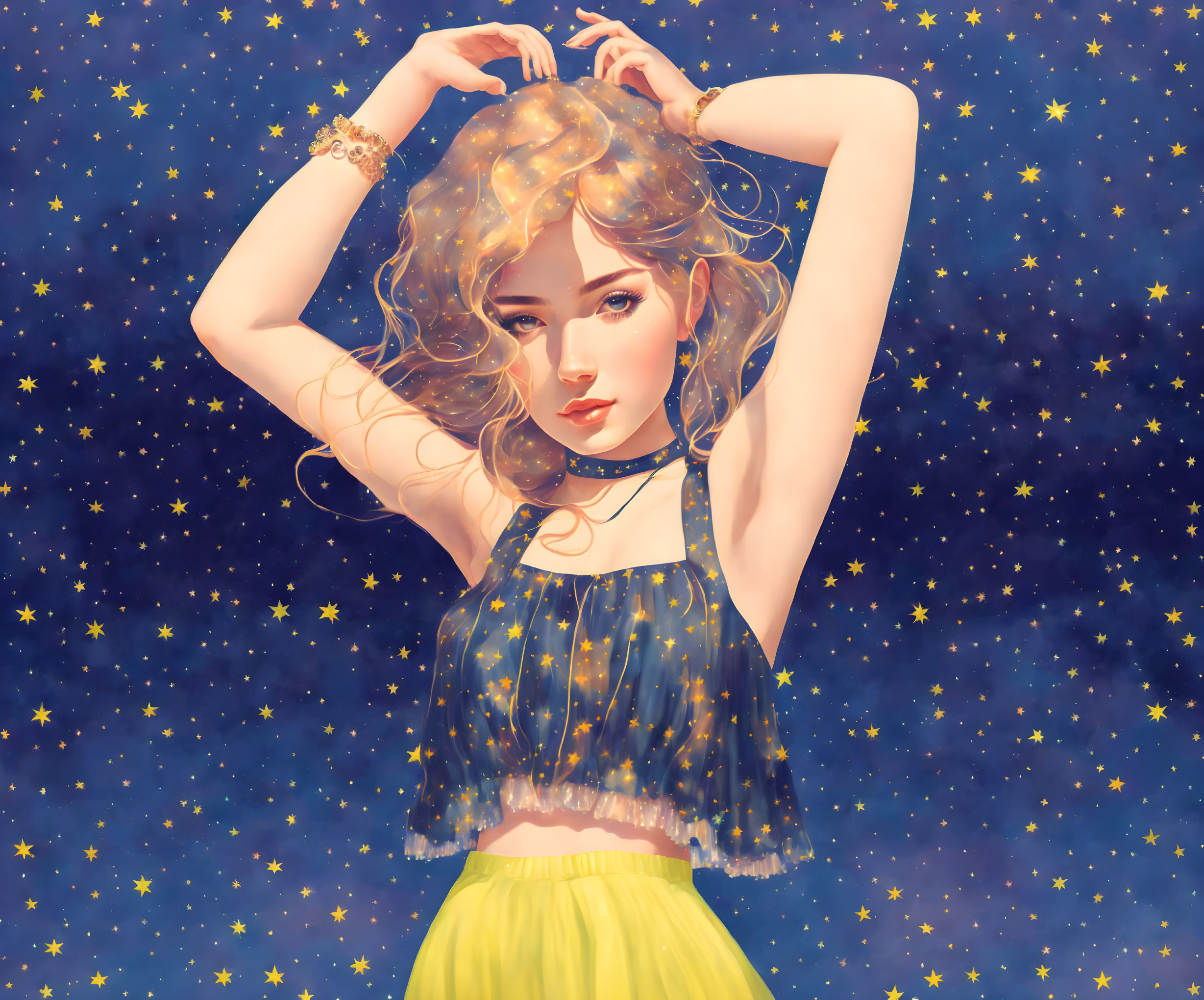 Illustration of young woman with curly hair in starry night setting wearing blue star-patterned top and