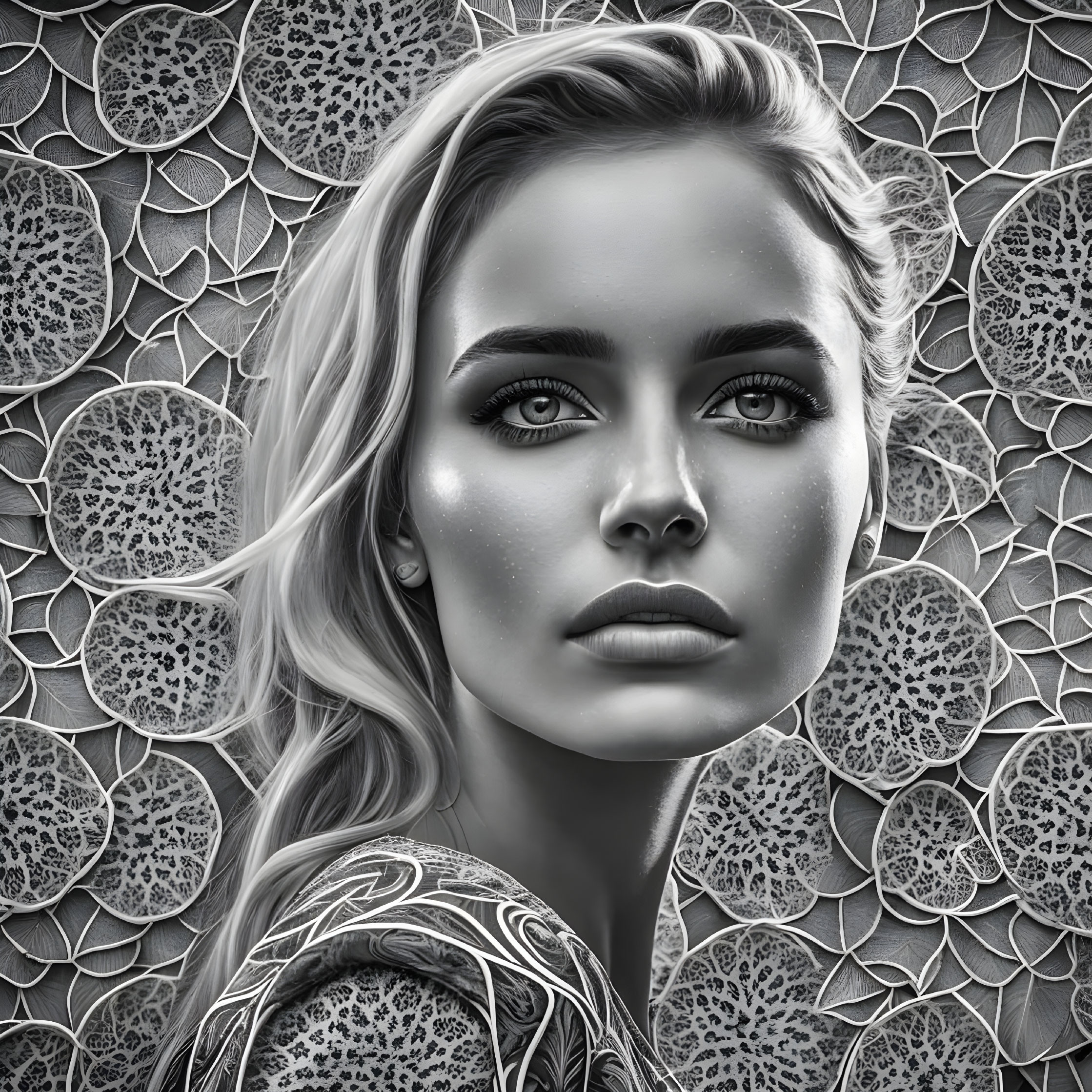 Monochromatic digital artwork: Woman with striking features and intricate flower pattern