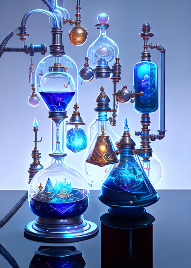 Interconnected Glass Vessels with Glowing Blue Liquid in Alchemy Lab