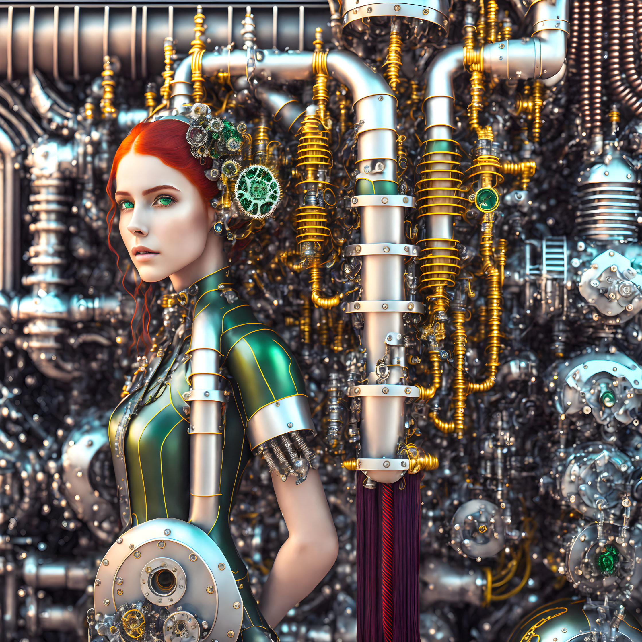 Red-Haired Female Cyborg with Mechanical Parts in Industrial Setting